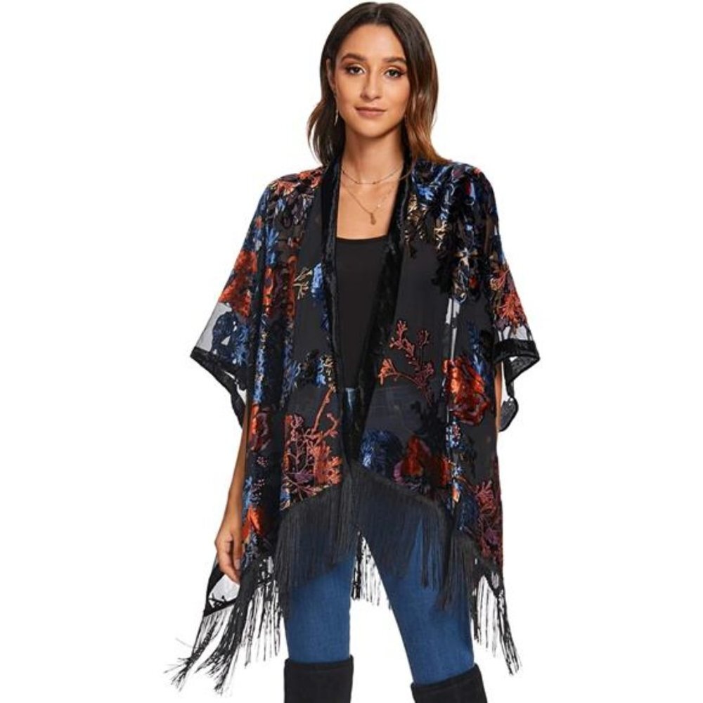 Burnout Velvet Floral Print Fringe Kimono Cardigan Shawl Poncho Cover Up Multi B